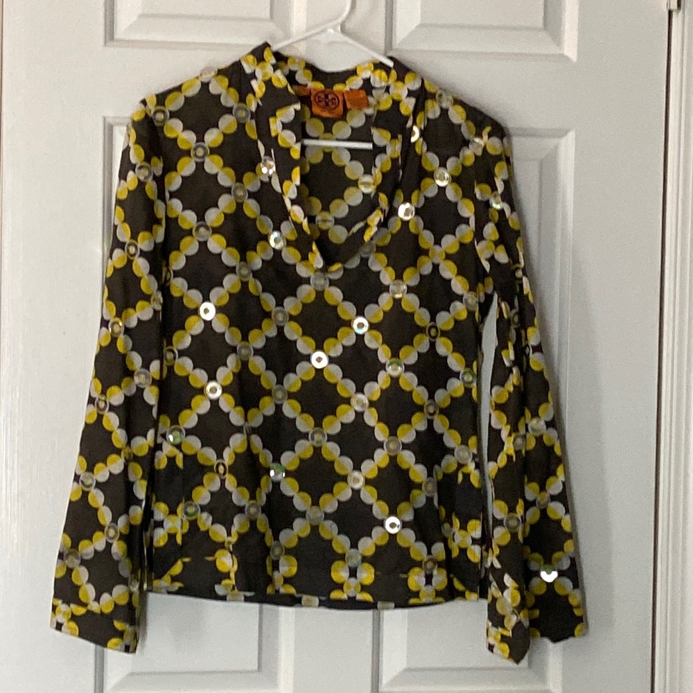 Tory Burch grey, yellow, white cotton tunic with silver details